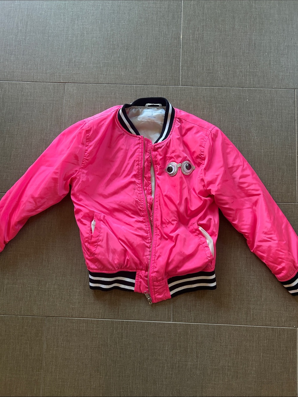 Girls' Bright Pink Bomber Jacket with Striped Trim